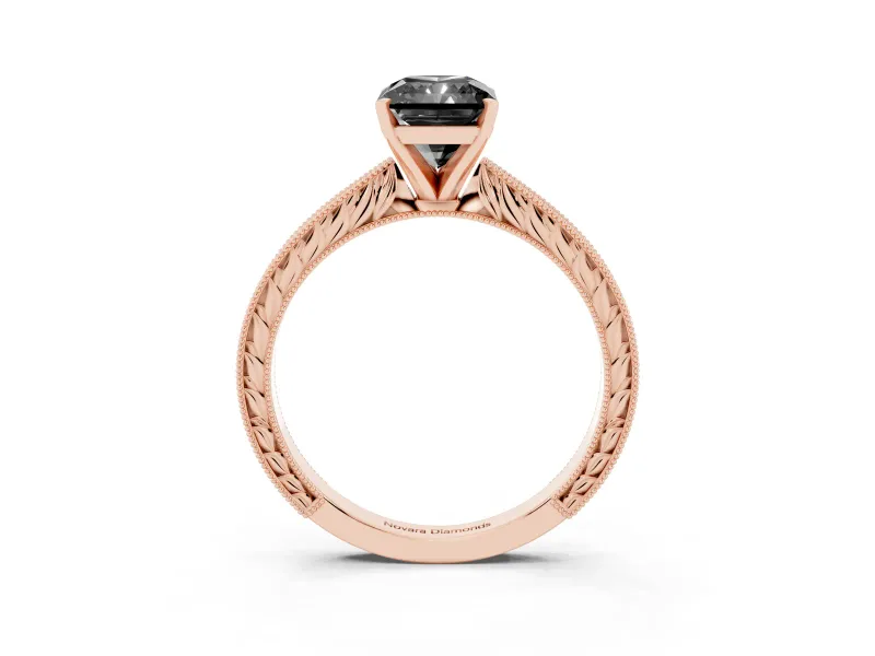 Fancy Black Radiant Cut Diamond Solitaire Milgrain Engraved Band Set in Rose gold with Prong Setting