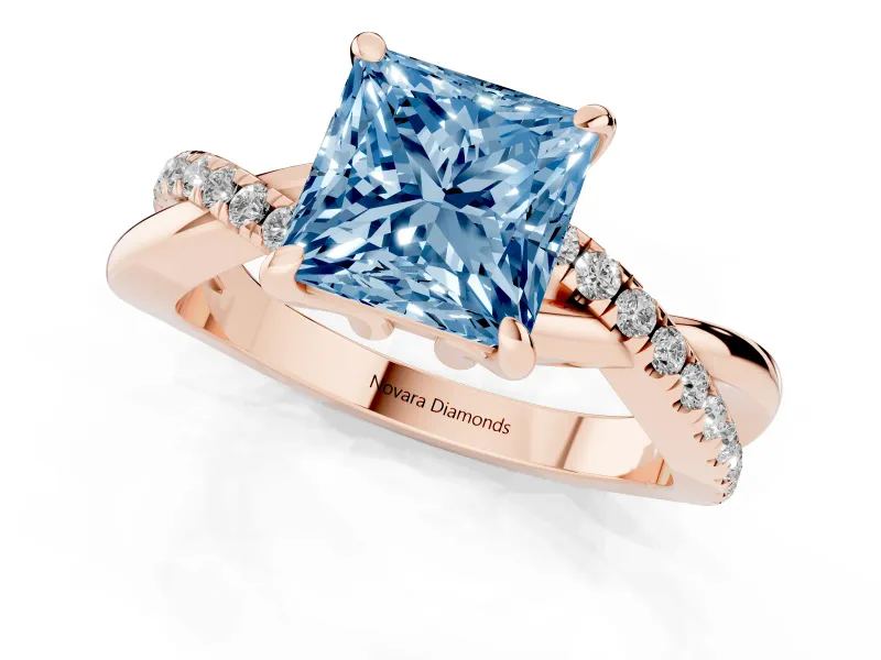 Fancy Blue Princess Cut Diamond Twist Band Solitaire Set in Rose gold with Pavé Accents and Prong Setting