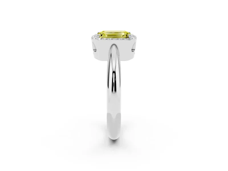 Fancy Yellow Emerald Cut Diamond Halo Engagement Ring Set in Platinum with Plain Split Shank and Prong Setting