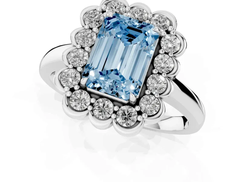 Emerald Cut Scalloped Cluster Halo Engagement Ring Setting for a Fancy Blue Lab-Grown Diamond | Plain Band | Platinum