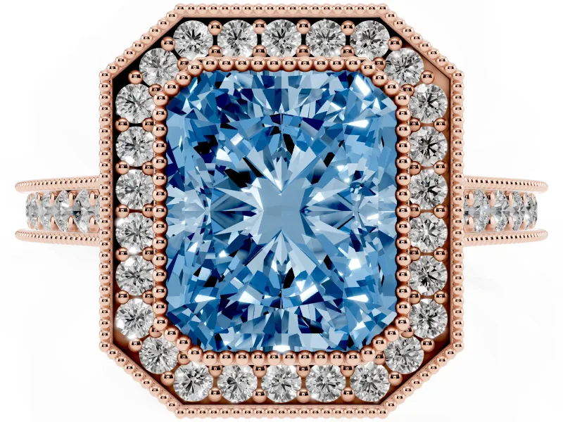 Radiant Cut Vintage Milgrain Halo Engagement Ring Setting for a Fancy Blue Lab-Grown Diamond | Bezel Head | Rose Gold