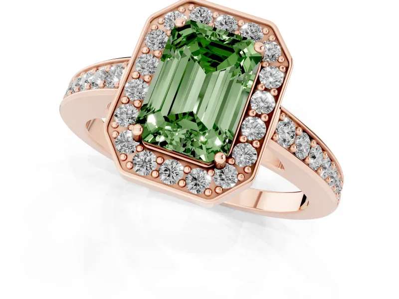 Fancy Green Emerald Cut Diamond Halo Pavé Engagement Ring Set in Rose gold with Bezel Setting