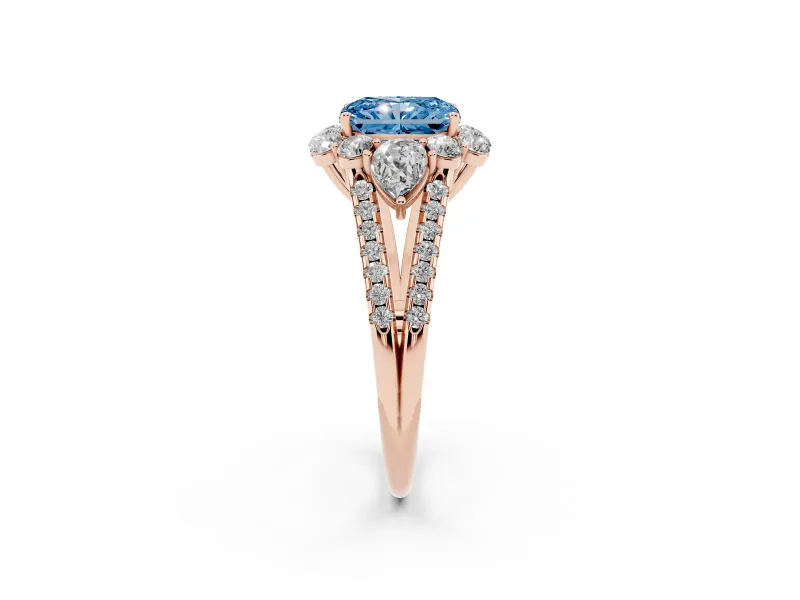 Fancy Blue Radiant Cut Diamond Halo Split Shank Engagement Ring Set in Rose gold with Prong-Held Center Stone