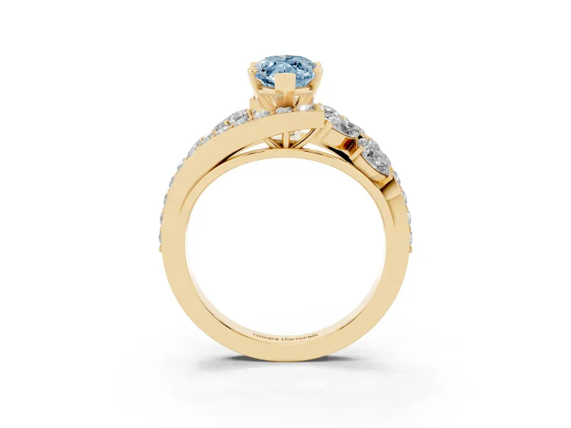 Fancy Blue Marquise Cut Diamond Halo Ring Set in Yellow gold with Marquise and Pavé Band in Prong Setting