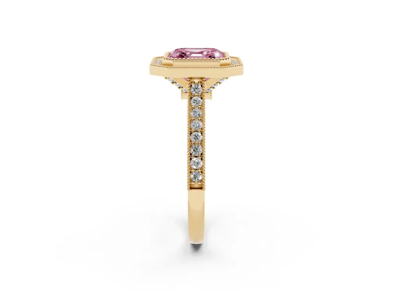 Asscher Cut Vintage Milgrain Halo Engagement Ring Setting for a Fancy Pink Lab-Grown Diamond | Bezel Head | Yellow Gold