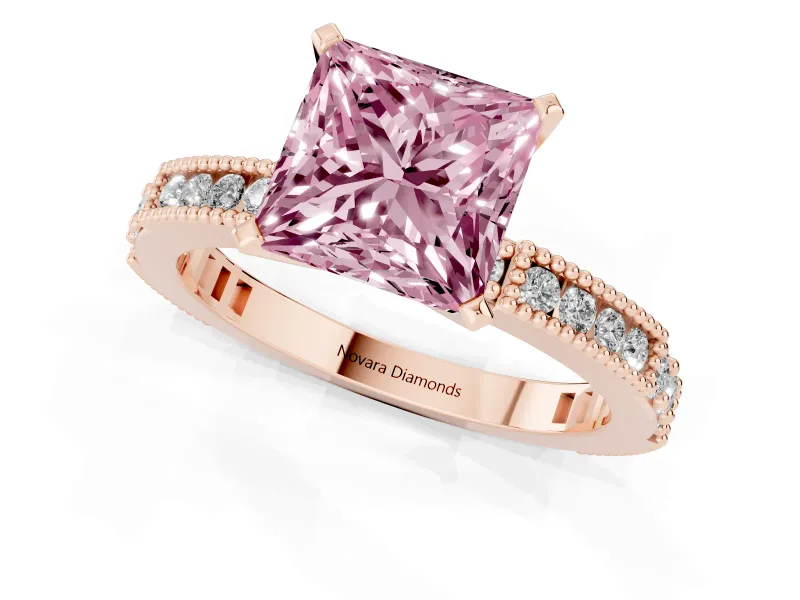 Fancy Pink Princess Cut Diamond Solitaire Ring Set in Rose gold with Slim Pavé Band and Prong Setting