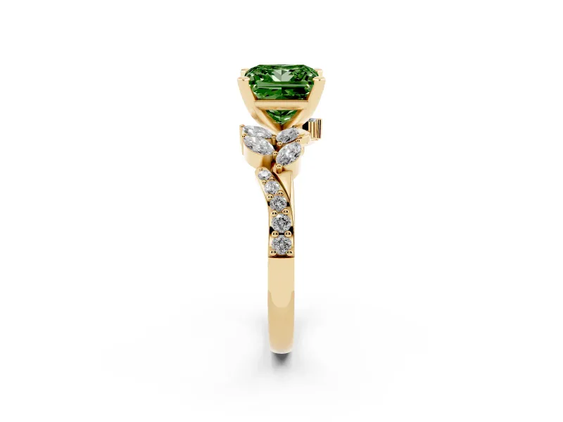 Fancy Green Princess Cut Diamond Solitaire Ring Set in Yellow gold with Marquise Twist Band and Prong Setting