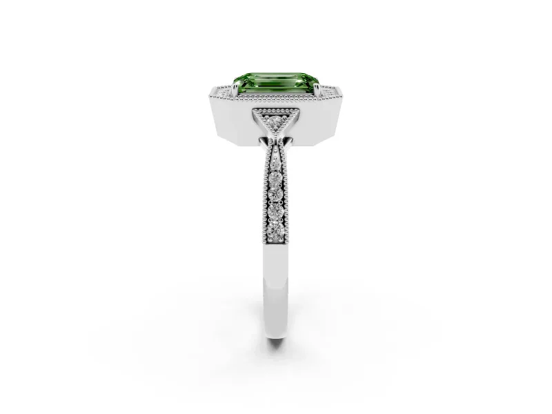 Fancy Green Emerald Cut Diamond Halo Engagement Ring Set in Silver with Milgrain Pavé Band