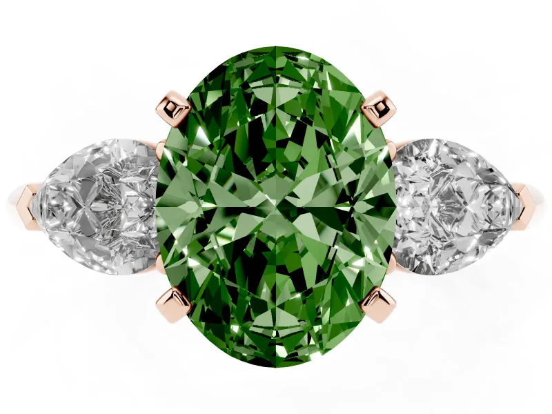 Fancy Green Three-Stone Oval Cut Diamond Ring Set in Rose gold with Pear Side Stones and Prong Setting