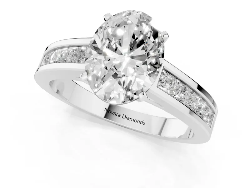 Oval Cut Diamond Solitaire Ring Set in Silver with Channel-Set Band and Prong Setting