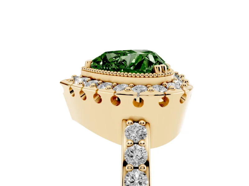 Heart-Shaped Milgrain Halo Engagement Ring Setting for a Fancy Green Lab-Grown Diamond | Pavé Shoulders | Yellow Gold