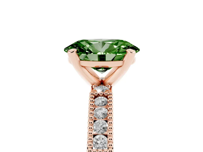 Fancy Green Oval Cut Diamond Solitaire Ring Set in Rose gold with Slim Pavé Band and Prong Setting