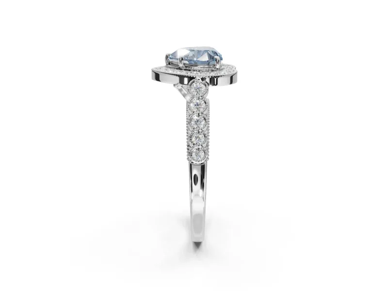 Fancy Blue Heart-Shaped Lab-Grown Diamond Milgrain Halo Solitaire Ring Set in Platinum with Bezel Set Side Stones and Pavé Band