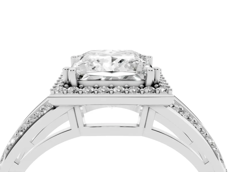 Princess Cut Halo Engagement Ring Setting | Two-Row Pave Split Shank | Sterling Silver