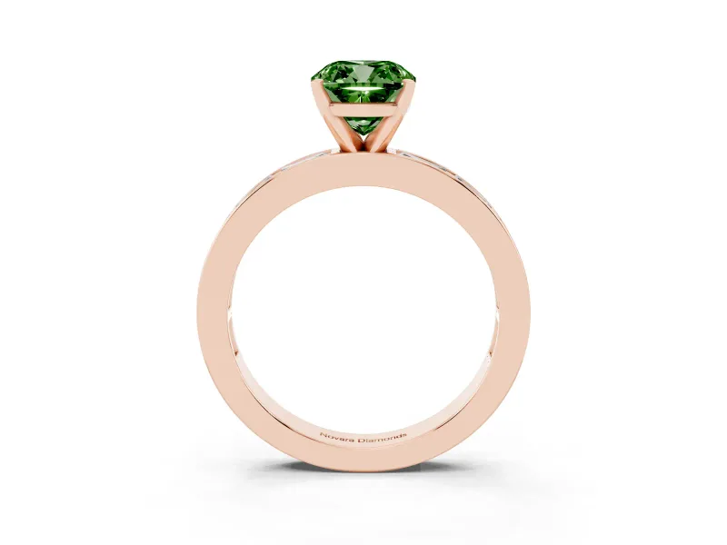 Fancy Green Cushion Cut Diamond Solitaire Ring Set in Rose gold with Channel-Set Baguette Band and Prong Setting