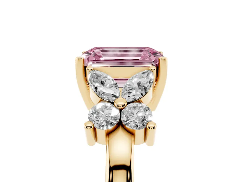 Fancy Pink Emerald Cut Diamond Floral Cluster Ring Set in Yellow gold with Marquise Petals and Prong Setting