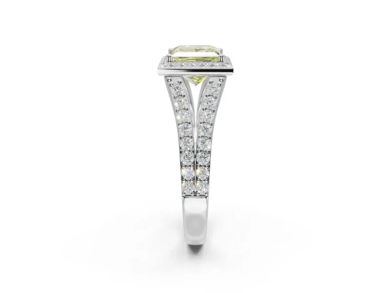 Princess Cut Halo Pavé Engagement Ring Setting for a Fancy Yellow Lab-Grown Diamond | Narrow Split Shank | White Gold