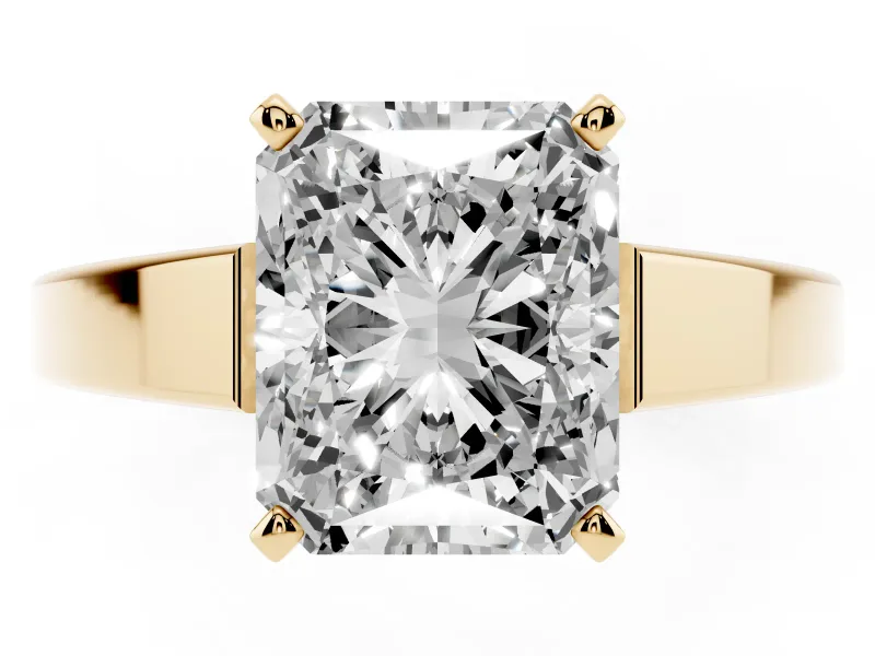 Radiant Cut Diamond Solitaire Engagement Ring Set in Yellow gold with Prong Setting and Tapered Band