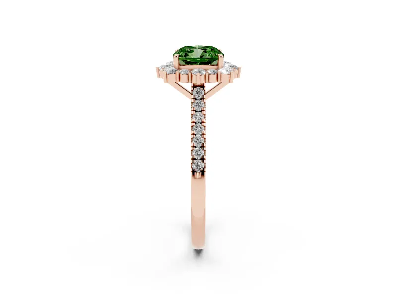Cushion Cut Scalloped Halo Engagement Ring Setting for a Fancy Green Lab-Grown Diamond | Single Row Pave | Rose Gold