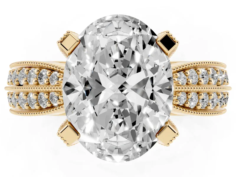 Oval Milgrain Solitaire Engagement Ring Setting | Graduated Double Row Pave | Yellow Gold
