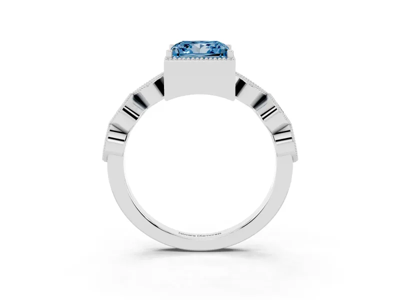 Fancy Blue Princess Cut Diamond Vintage-Inspired Milgrain Ring Set in White gold with Marquise Stations of Round Accents
