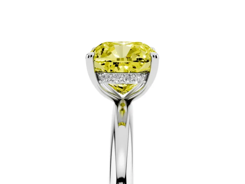 Fancy Yellow Cushion Cut Diamond Solitaire Ring Set in White gold with Thin Band and Prong Setting