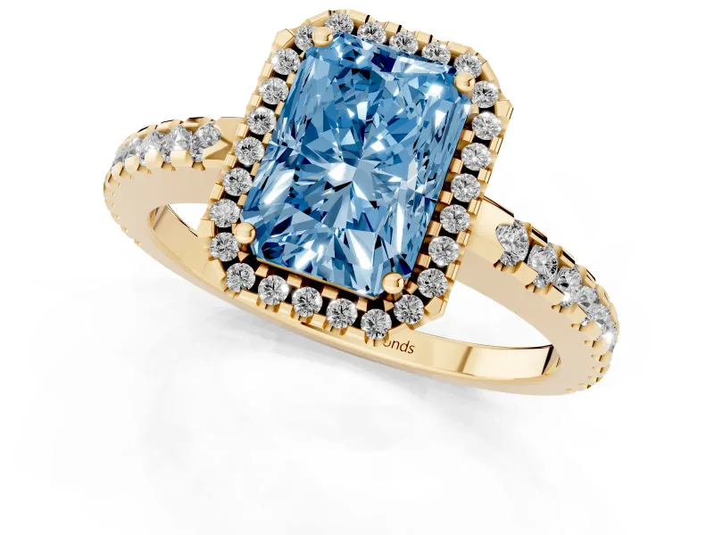 Radiant Cut Pave Halo Engagement Ring Setting for a Fancy Blue Lab-Grown Diamond | Yellow Gold