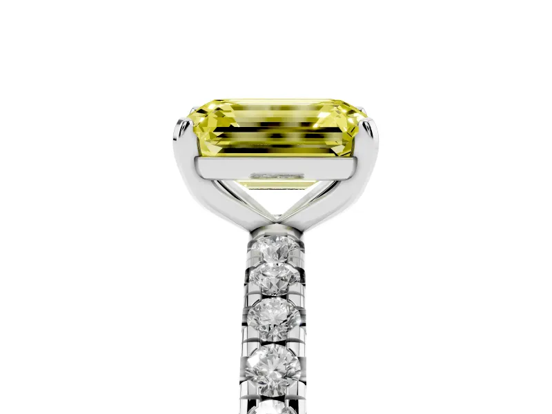 Fancy Yellow Emerald Cut Diamond Pavé Solitaire Ring Set in Platinum with Round Band and Prong Setting