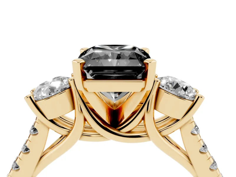 Radiant Cut Three-Stone Engagement Ring Setting for a Black Center | Pavé Shoulders | Yellow Gold