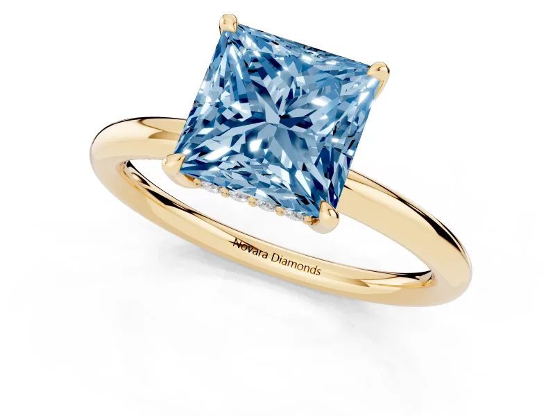 Princess Cut Hidden Halo Ring Setting for a Fancy Blue Lab-Grown Diamond | Yellow Gold