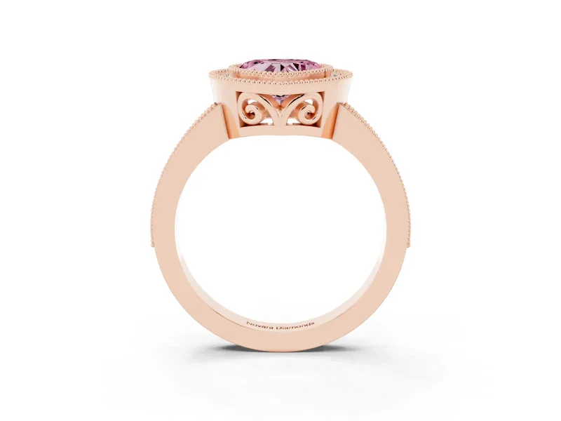 Fancy Pink Heart Cut Diamond Halo Ring Set in Rose gold with Pavé Band and Milgrain-Edged Prongs