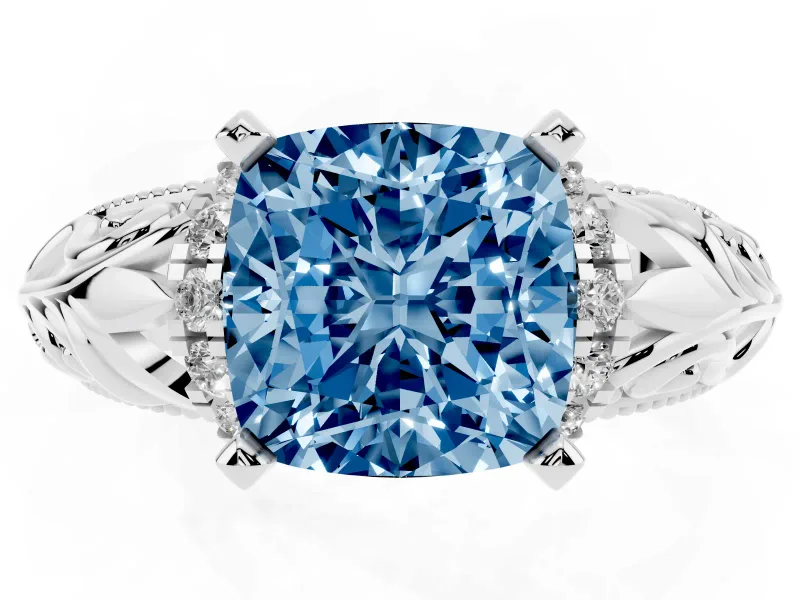 Fancy Blue Cushion Cut Diamond Filigree Halo Engagement Ring Set in White gold with Prong Setting