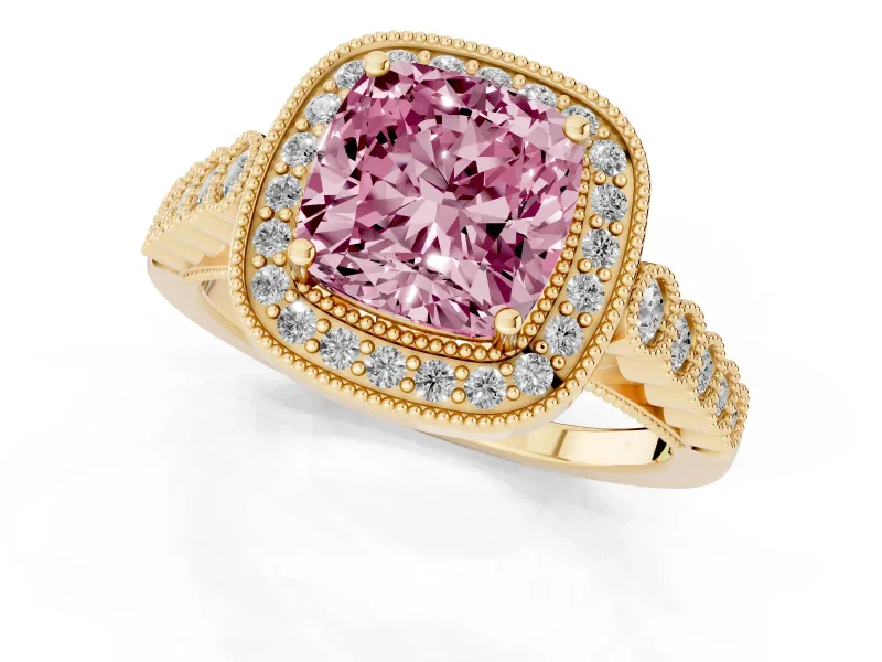 Cushion Cut Graduated Milgrain Halo Engagement Ring Setting for a Fancy Pink Lab-Grown Diamond | Yellow Gold
