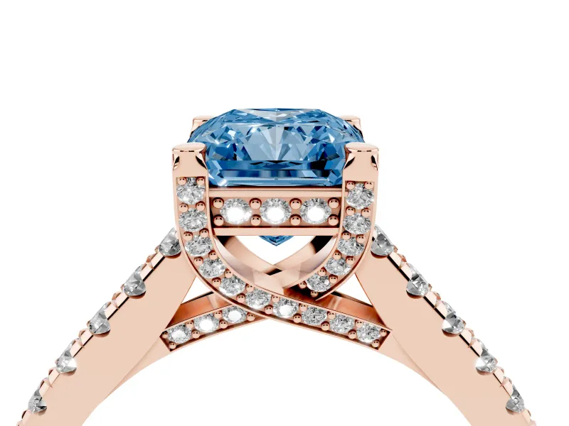 Radiant Cut Hidden Halo Pave Engagement Ring Setting for a Fancy Blue Lab-Grown Diamond | Claw Prongs | Rose Gold