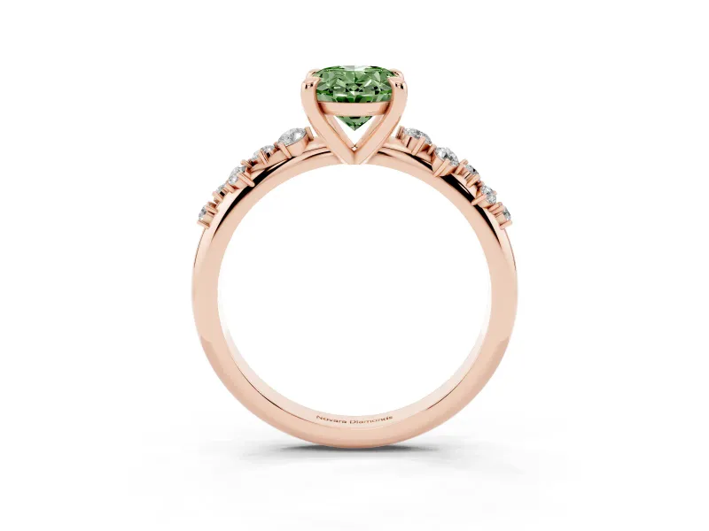 Fancy Green Oval Cut Diamond Solitaire Vine Band Ring Set in Rose gold with Round Accents and Prong Setting