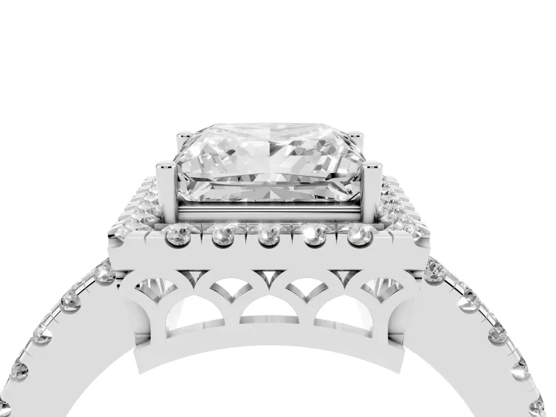 Princess Cut Diamond Pavé Band Halo Engagement Ring Set in Silver with Prong Setting