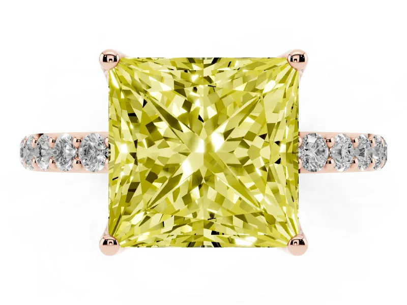 Princess Cut Pave Solitaire Engagement Ring Setting for a Fancy Yellow Lab-Grown Diamond | Slim Band | Rose Gold