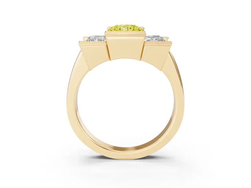Radiant Cut Channel-Set Three Stone Engagement Ring Setting for a Fancy Yellow Lab-Grown Diamond | Yellow Gold