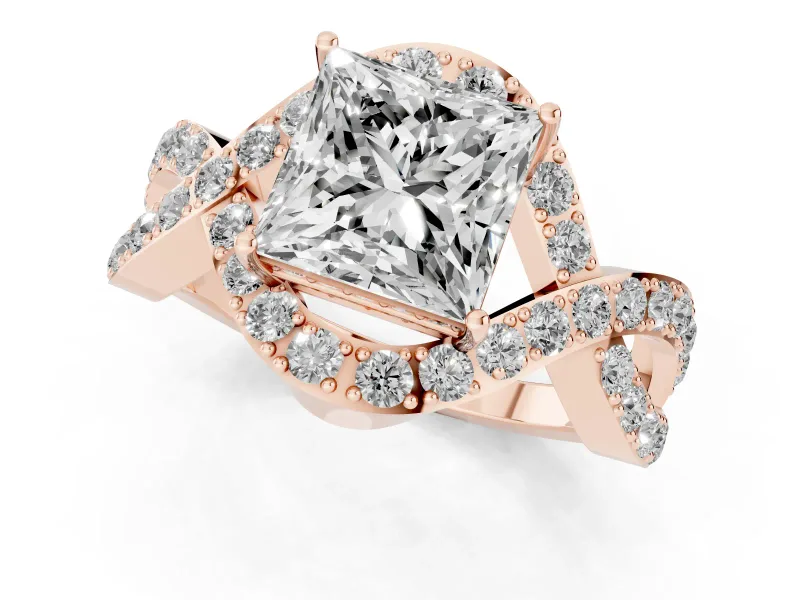 Princess Cut Diamond Solitaire Twist Band Pavé Engagement Ring Set in Rose gold