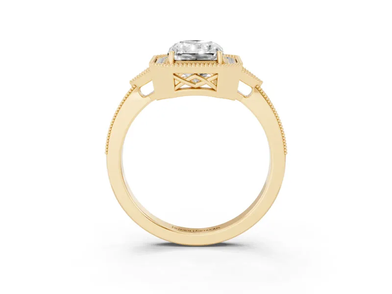 Radiant Cut Diamond Halo Engagement Ring Set in Yellow gold with Milgrain Pavé Band