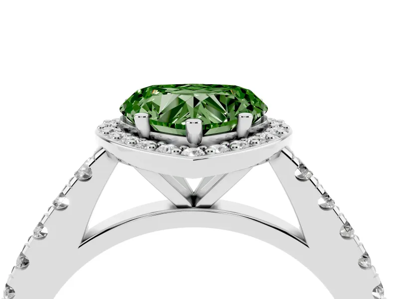 Fancy Green Heart Cut Diamond Halo Engagement Ring Set in Silver with Pavé Band and Prong Setting