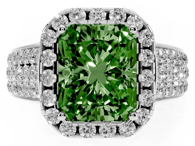 Radiant Cut Pavé Engagement Ring Setting for a Fancy Green Lab-Grown Diamond | Wide Three-Row Band | Platinum