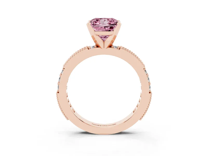 Fancy Pink Princess Cut Diamond Solitaire Ring Set in Rose gold with Slim Pavé Band and Prong Setting