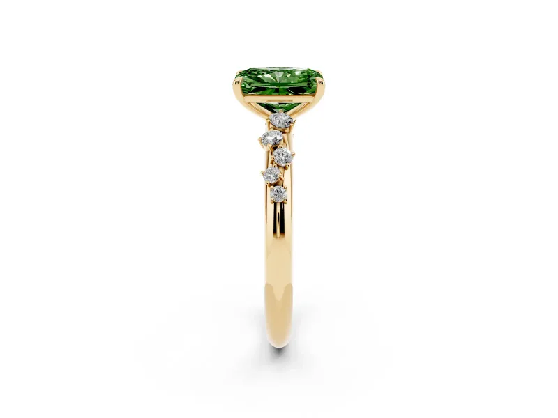 Fancy Green Radiant Cut Diamond Cluster Solitaire Ring Set in Yellow gold with Prong Setting