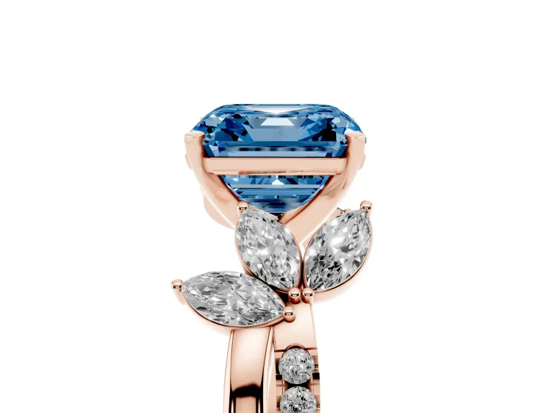 Fancy Blue Asscher Cut Diamond Floral Vine Solitaire Engagement Ring Set in Rose gold with Marquise Leaves