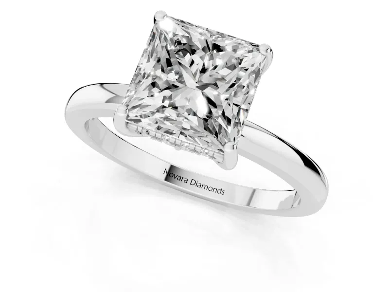 Princess Cut Hidden Halo Solitaire Engagement Ring Setting | Thin Wire Band | White Gold