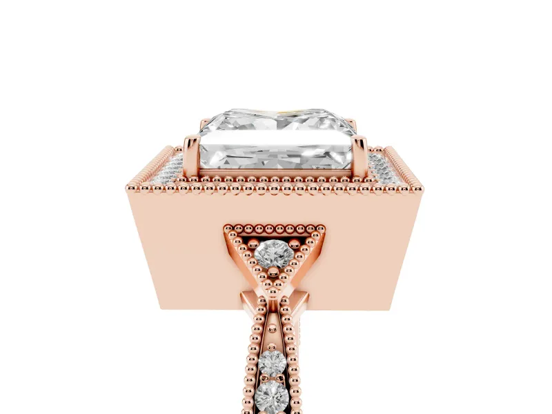 Princess Cut Diamond Halo Engagement Ring Set in Rose gold with Milgrain Pavé Band