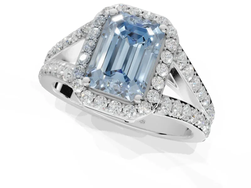 Emerald Cut Halo Pavé Engagement Ring Setting for a Fancy Blue Lab-Grown Diamond | Narrow Split Shank | Sterling Silver