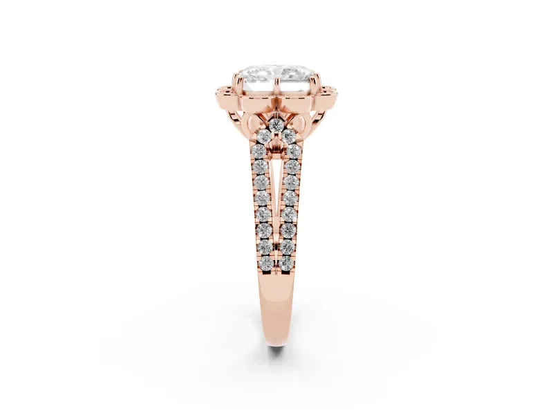 Radiant Cut Petal Frame Floral Halo Engagement Ring Setting | Pavé Split Shank | Rose Gold
