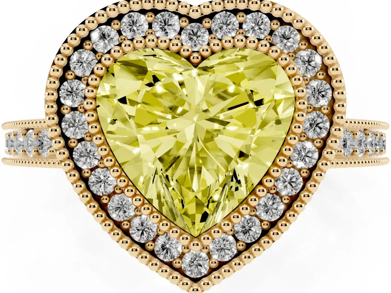 Heart-Shaped Double Milgrain Halo Engagement Ring Setting for a Fancy Yellow Lab-Grown Diamond | Pave Band | Yellow Gold